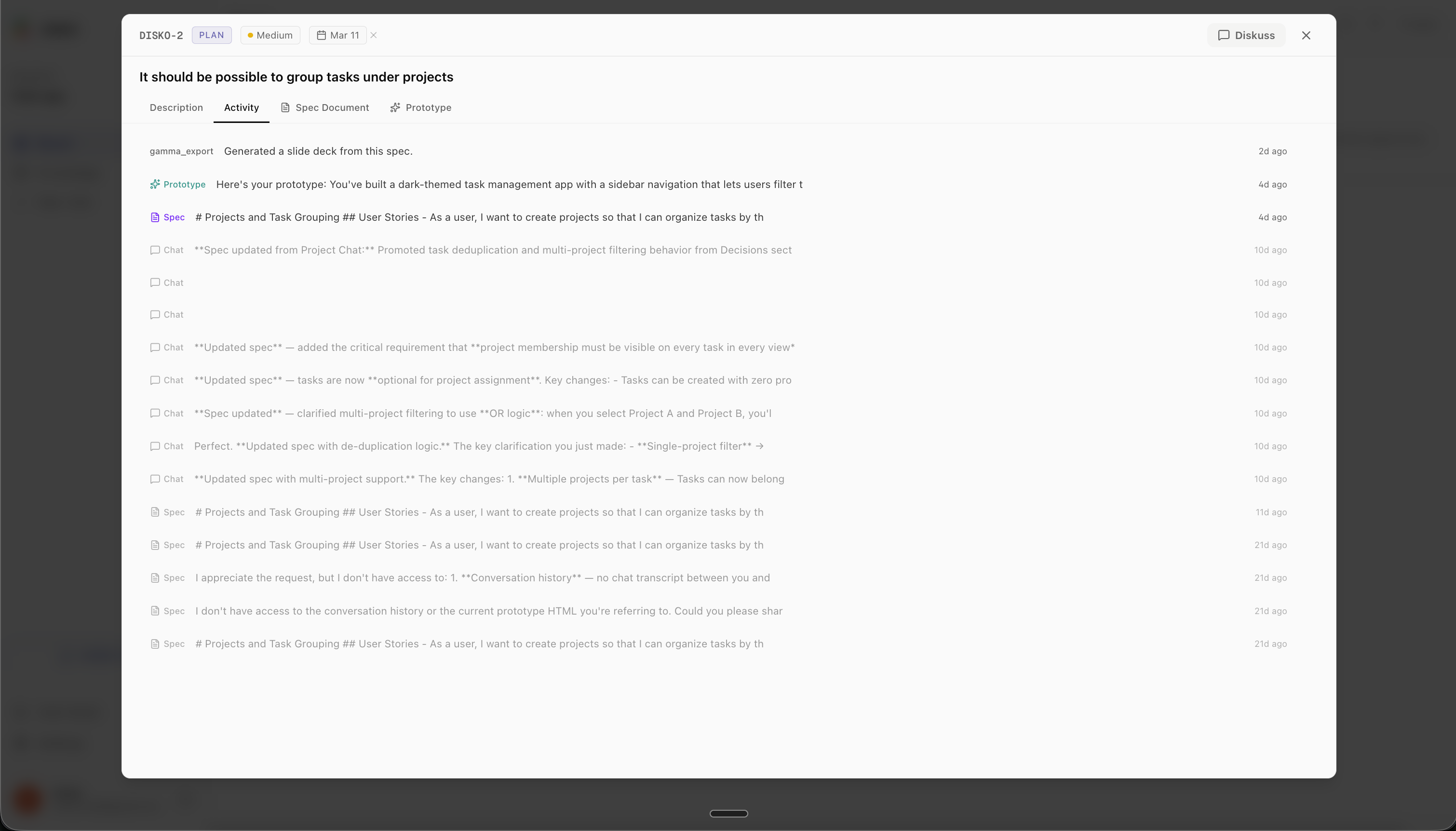 DISKO activity timeline