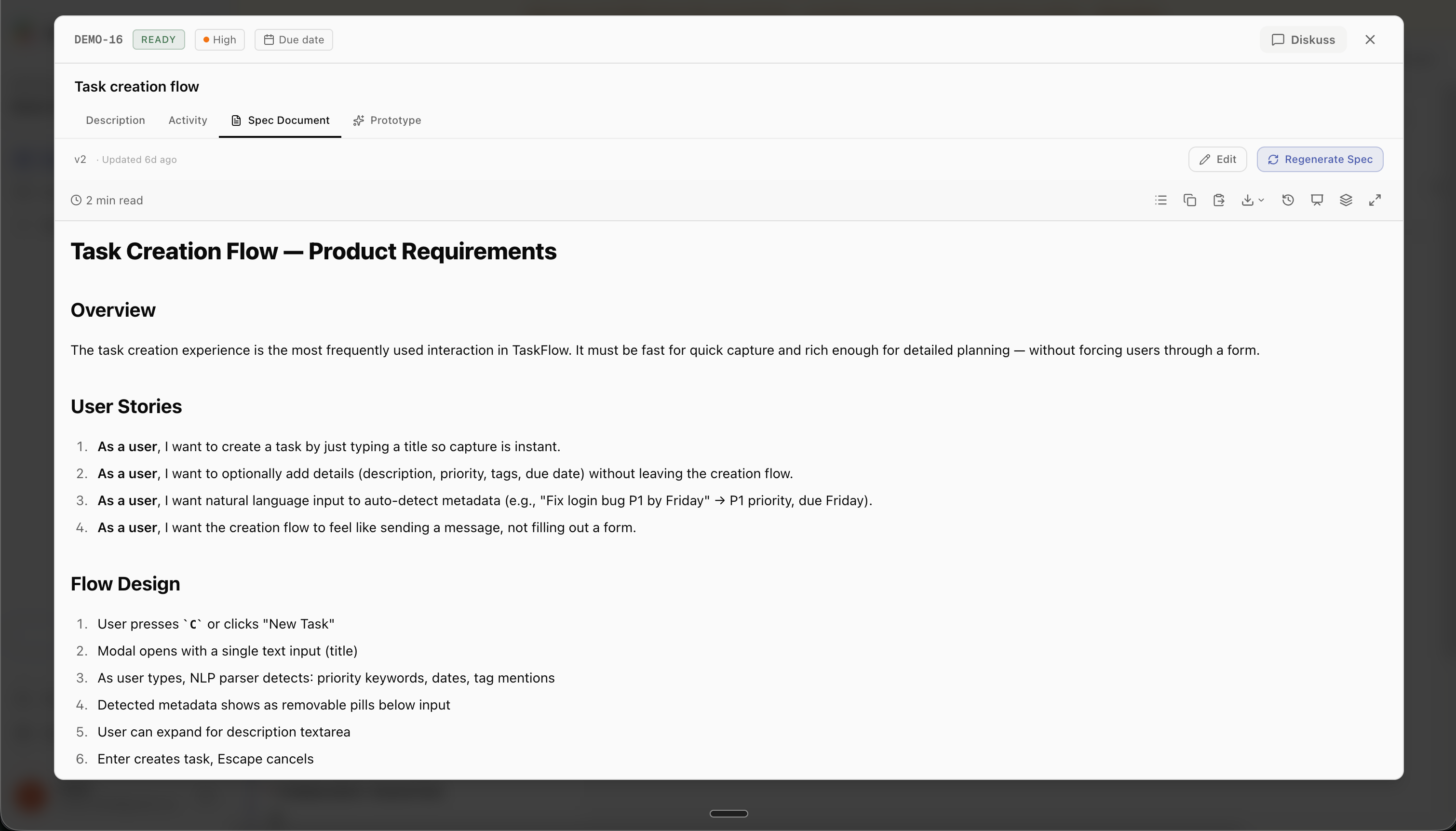 DISKO task detail with enriched description and spec
