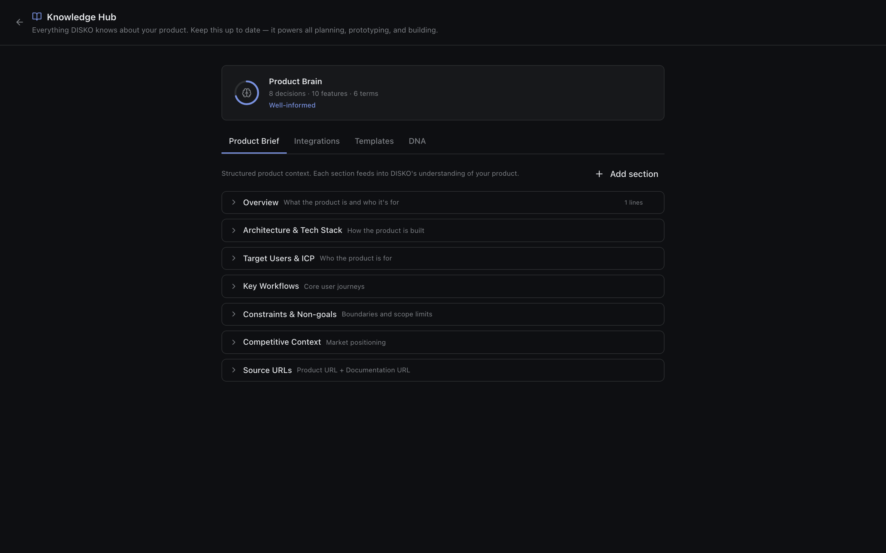 DISKO Knowledge page DNA tab with decisions, features, and terminology cards