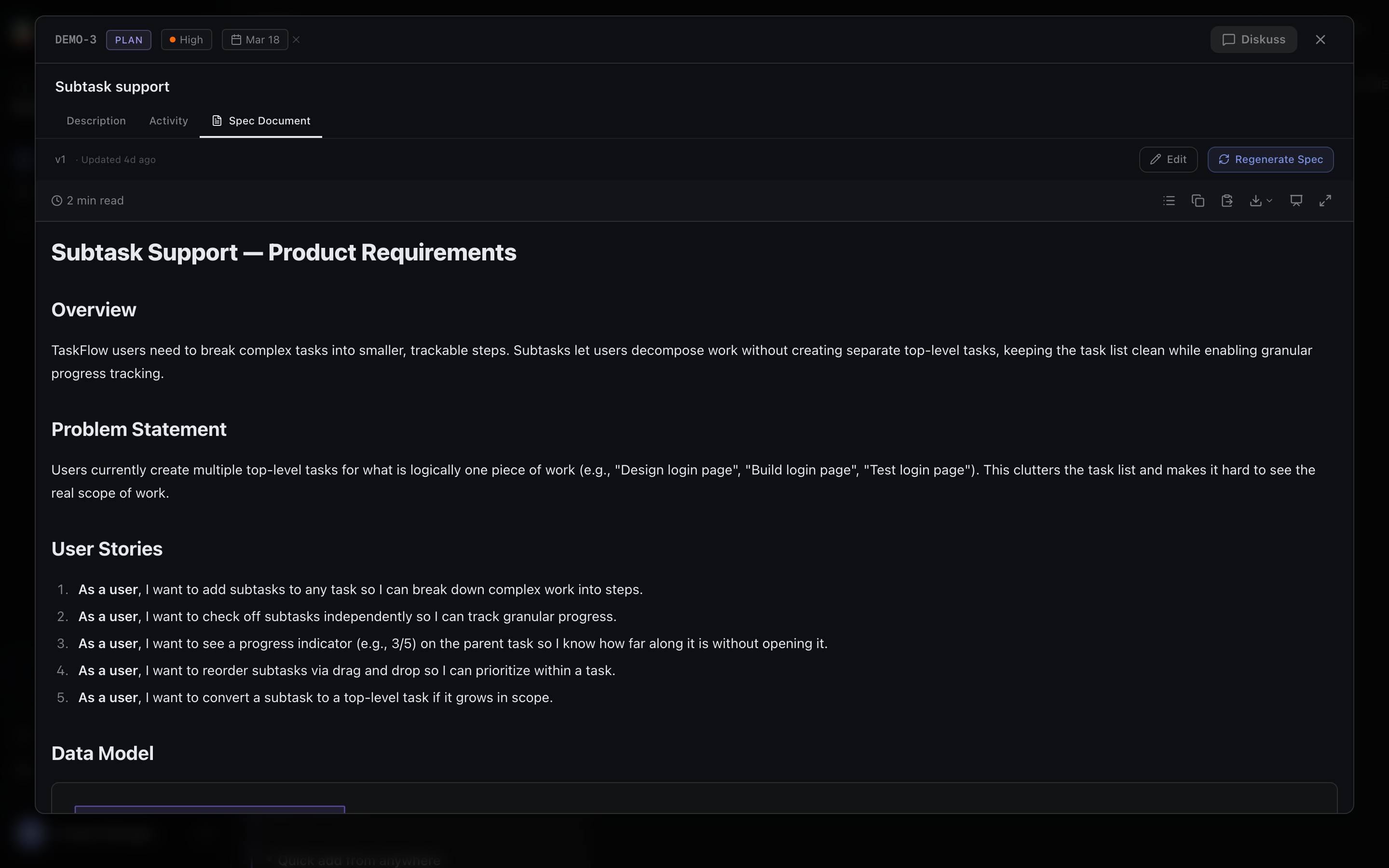 DISKO spec viewer showing a PRD with version history sidebar